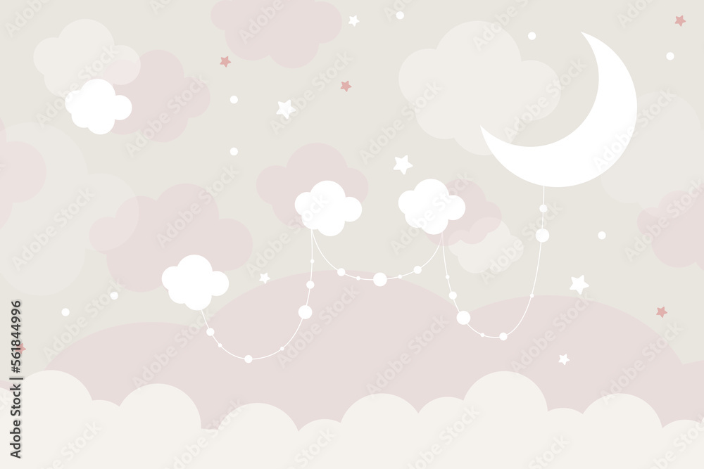 Vector hand drawn childish 3d wallpaper with clouds. Aerial white clouds, stars and dots . Lovely wallpaper for the kids room.	