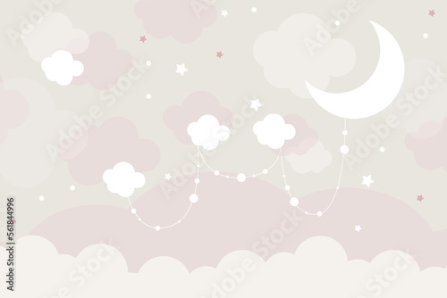 Vector hand drawn childish 3d wallpaper with clouds. Aerial white clouds, stars and dots . Lovely wallpaper for the kids room. 
