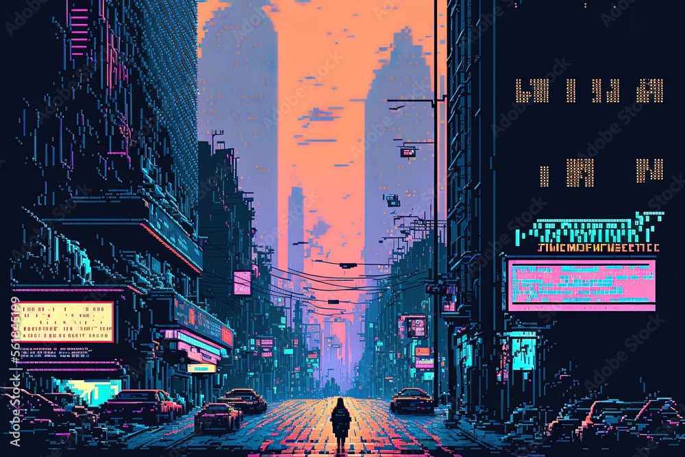 Cyberpunk city street. Sci-fi wallpaper. Futuristic city scene in a style  of pixel art. Urban scene. Generative AI. 22452074 Stock Photo at Vecteezy