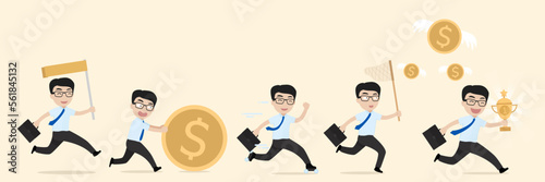 Business vector illustrations. Collection of businessman taking part in business activities or business growth. Employee running with different gestures