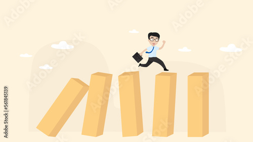 Businessmen runing away on the collapsed dominoes. Business vector illustrations