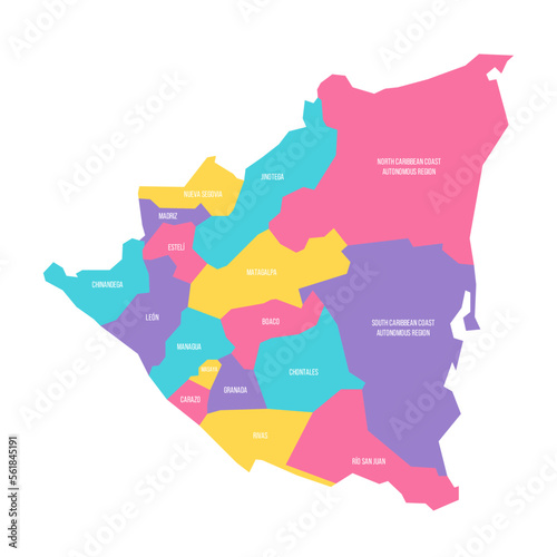 Nicaragua political map of administrative divisions - departments and autonomous regions. Colorful vector map with labels.