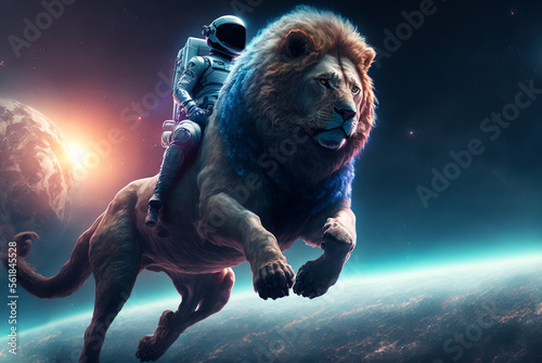 Generative ai astronaut riding lion, wild animal in outer space cinematic style.