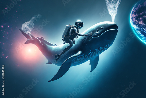 Generative ai astronaut riding whale, aquatic animal in outer space cinematic style.