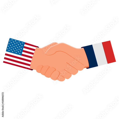 Handshake and two flags France and USA.Diplomats of United States and France business agreement handshake.Diplomacy between countries.Vector flat illustration.