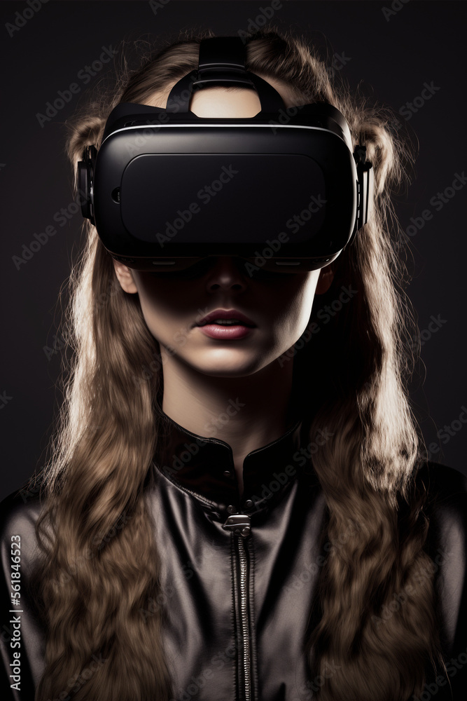 Generative AI female character using 3d goggles, exploring immersive metaverse experience.