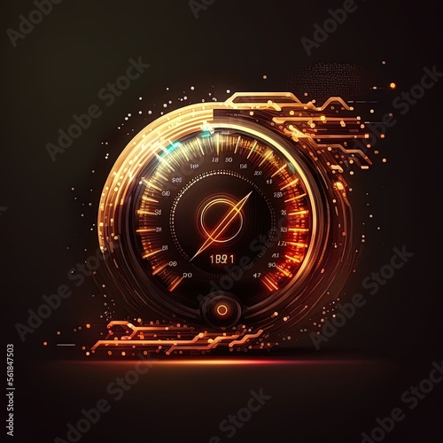 Futuristic speedometer concept design featuring vibrant glowing lines set against a dark isolated background, perfect for measuring speed and performance in cars and automobiles. generative ai photo