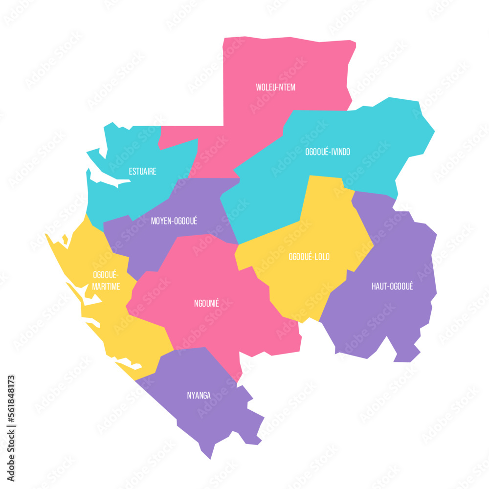 Gabon political map of administrative divisions - provinces. Colorful vector map with labels.