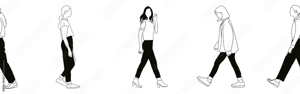 Border with woman. Black hand drawn illustration isolated on white background. Design doodle line art element. Border with woman. Black hand drawn illustration isolated on white background. Design doodle line art element.