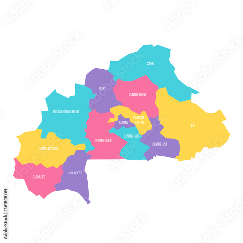 Burkina Faso political map of administrative divisions - regions. Colorful vector map with labels.