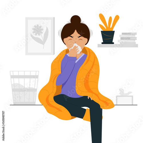 A sad, unhappy, unhealthy, sick young girl with cold symptoms such as fever, headache and runny nose is wrapped in a warm blanket. Vector flat cartoon illustration.