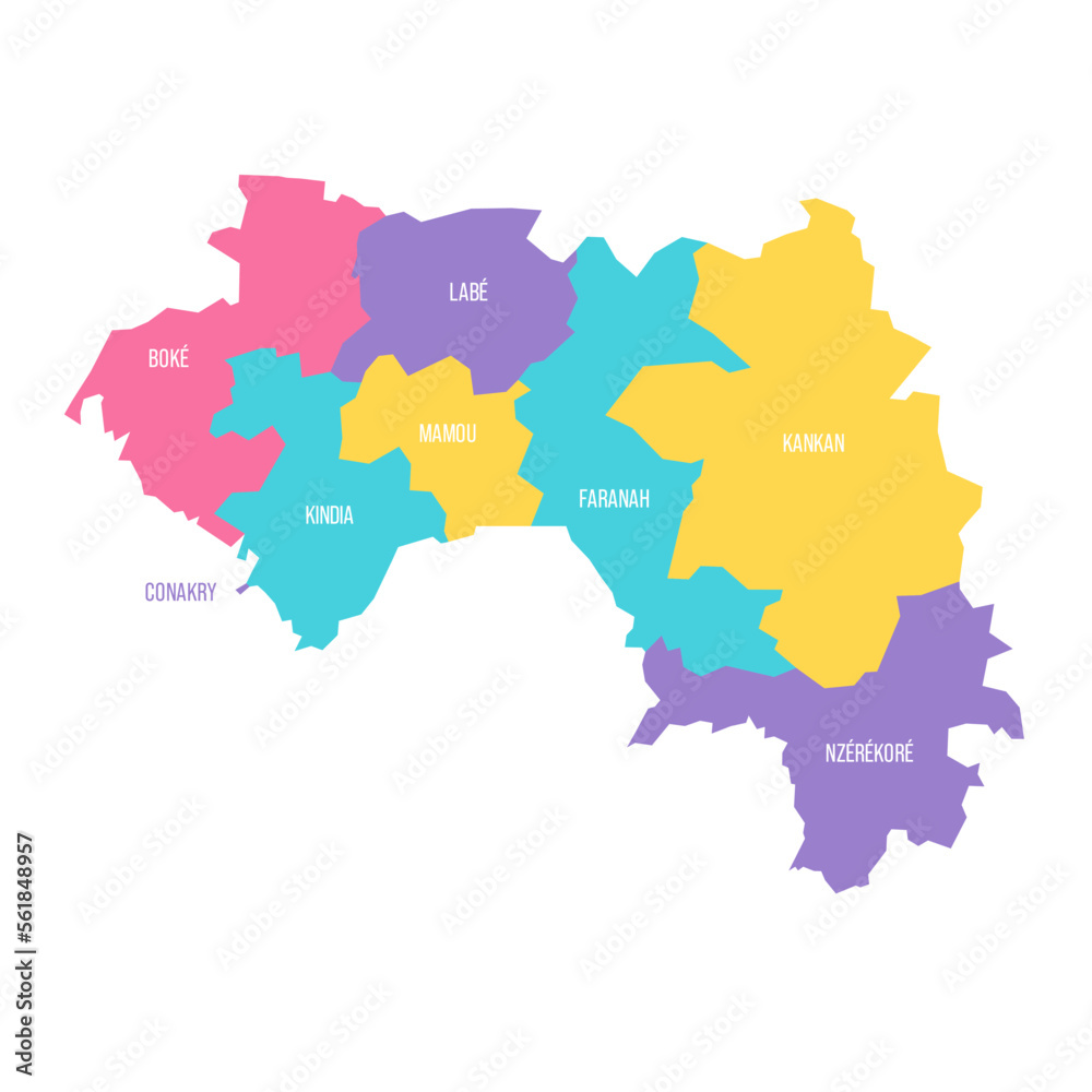 Guinea political map of administrative divisions - regions. Colorful vector map with labels.
