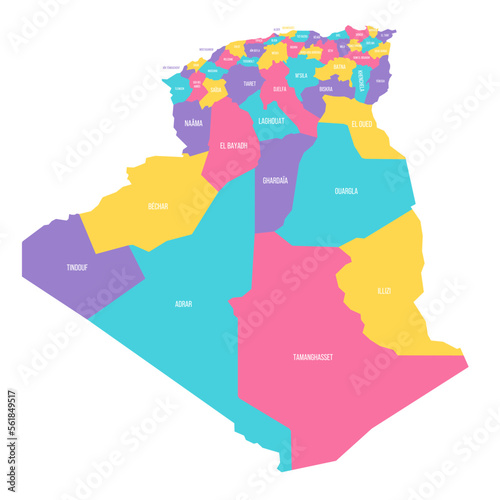 Algeria political map of administrative divisions - provinces. Colorful vector map with labels.