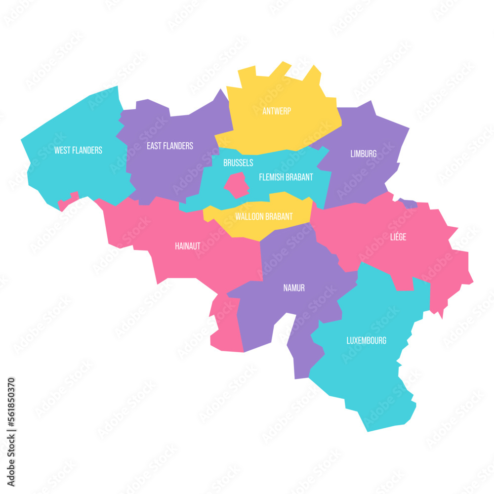 Belgium political map of administrative divisions - provinces. Colorful vector map with labels.