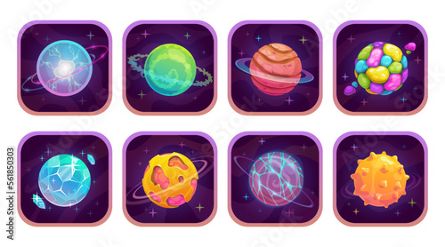 App icons with cartoon fantasy planets, vector