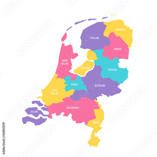 Netherlands political map of administrative divisions - provinces. Colorful vector map with labels.