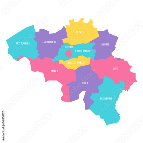 Belgium political map of administrative divisions - provinces. Colorful vector map with labels.