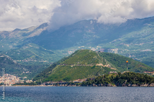 View on Budva city and Becici town on Adriatic Sea shore in Montenegro