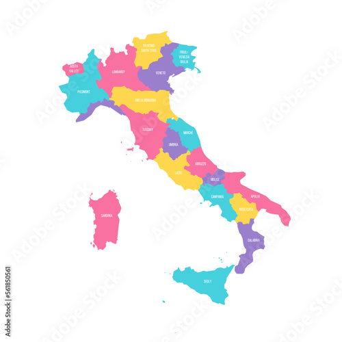 Italy political map of administrative divisions - regions. Colorful vector map with labels.