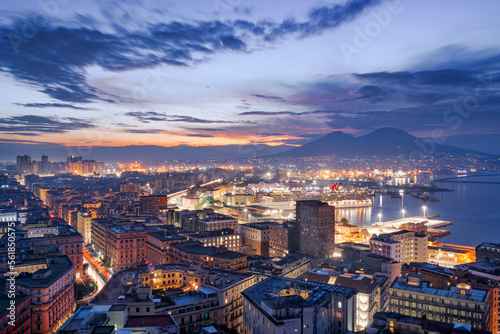 Naples  Italy City Skyline Overlooking the Port Towards Vesuvius