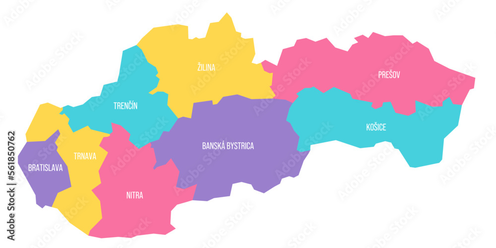Slovakia political map of administrative divisions - regions. Colorful vector map with labels.
