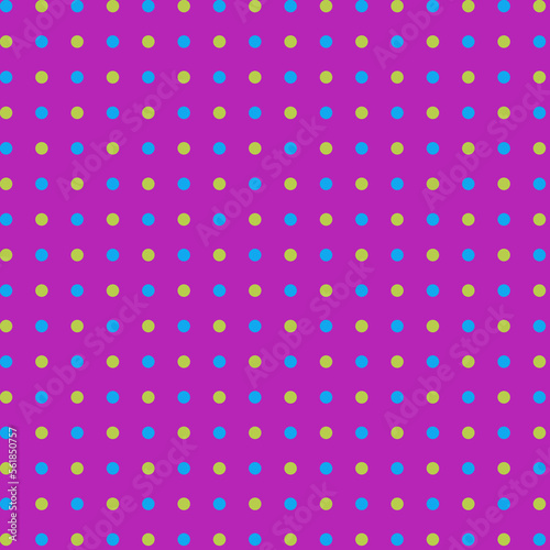 Vibrant blue and yellow polka dots isolated on a pink purple violet background Minimalist style seamless fabric pattern