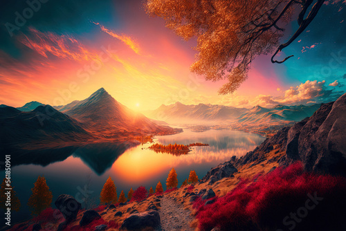 Beautiful mountain scenery at sunset. Beautiful natural scenery at sunset. Overlooking Federa Lake are lovely colored trees that are illuminated by the sun. fantastically picturesque scene hues found