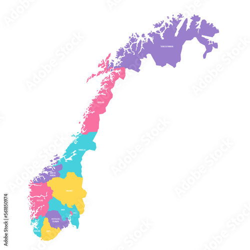 Norway political map of administrative divisions - counties and autonomous city of Oslo. Colorful vector map with labels.