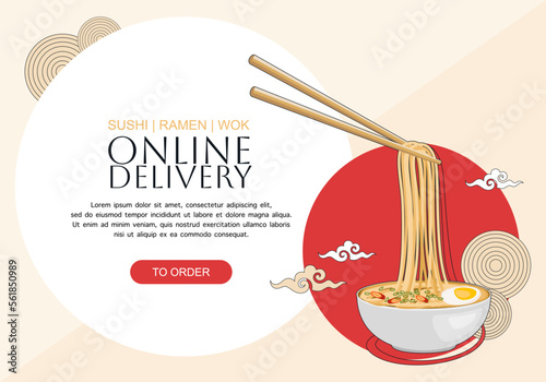Online delivery ramen noodles banner with text	