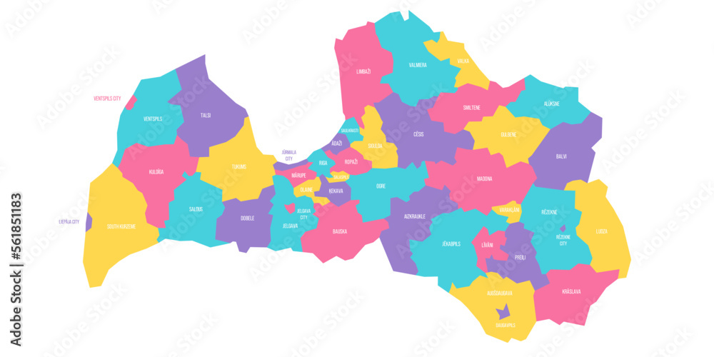 Latvia political map of administrative divisions - municipalities and cities. Colorful vector map with labels.