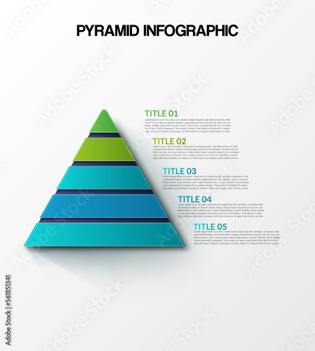 Pyramid infographic template vector with 5 lists, options, and levels diagram. Layout element for presentation, banner, brochure, etc. Vector business template for presentation. 