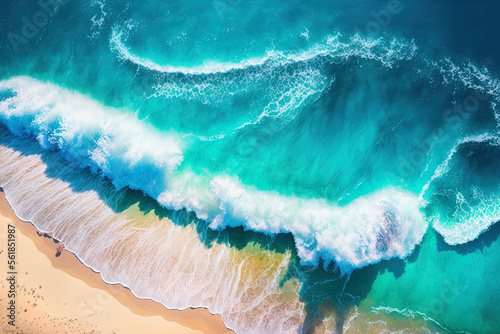 summertime seascape On a sunny day, the sea has lovely waves and is blue. aerial view from the top Aerial view of the sea with stunning tropical scenery. Concept of a lovely, bright sea with waves cra photo