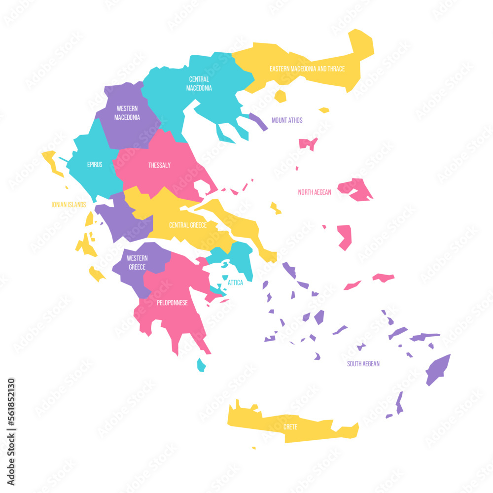 Obraz premium Greece political map of administrative divisions - decentralized administrations and autonomous monastic state of Mount Athos. Colorful vector map with labels.