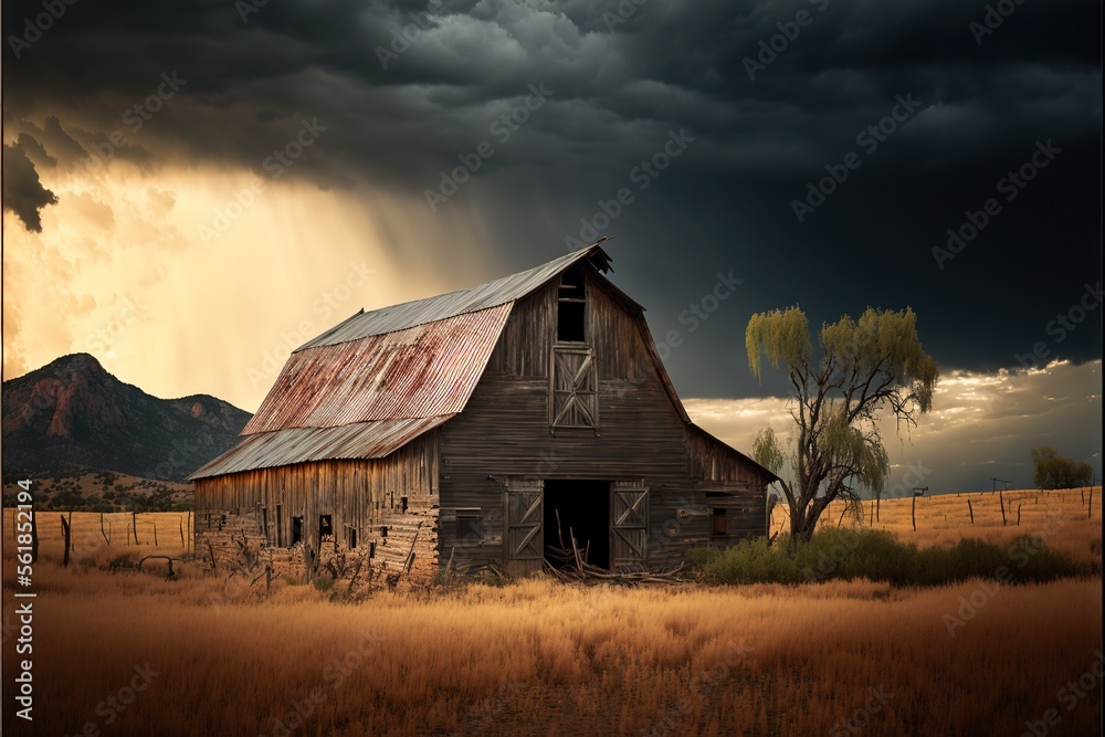 Fototapeta premium a barn in a field with a storm coming in the background and a tree in the foreground with a dark sky and clouds above it, with a sunbeam in the foreground. generative ai