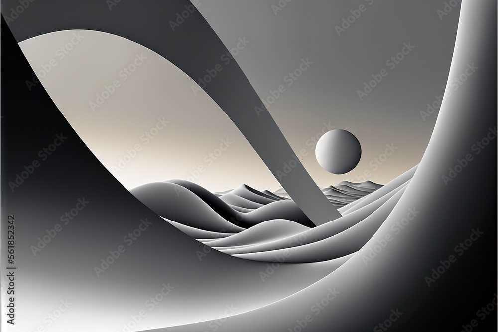 a black and white abstract painting with a sphere in the middle of the ...