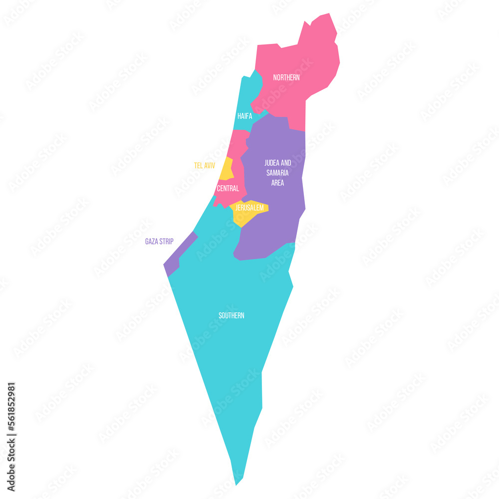 Israel political map of administrative divisions - districts, Gaza Strip and Judea and Samaria Area. Colorful vector map with labels.