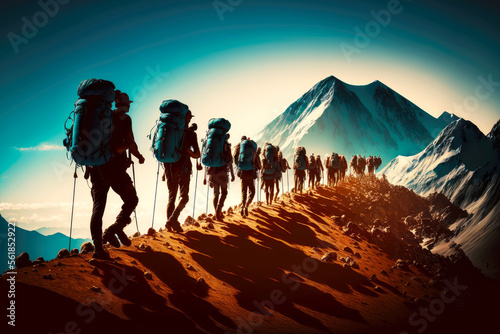 Photographie large team of tourists with hiking travel backpack descends from mountain hill
