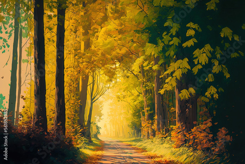 Pathway through the woodland  country road  alley . trees with gorgeous deciduous leaves in shades of green  yellow  orange  and gold. Sunlight filtering across the trees. natural passageway season  e