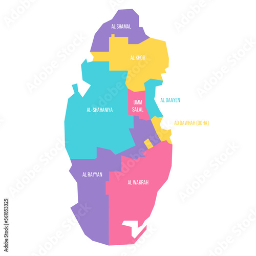 Qatar political map of administrative divisions - municipalities. Colorful vector map with labels.