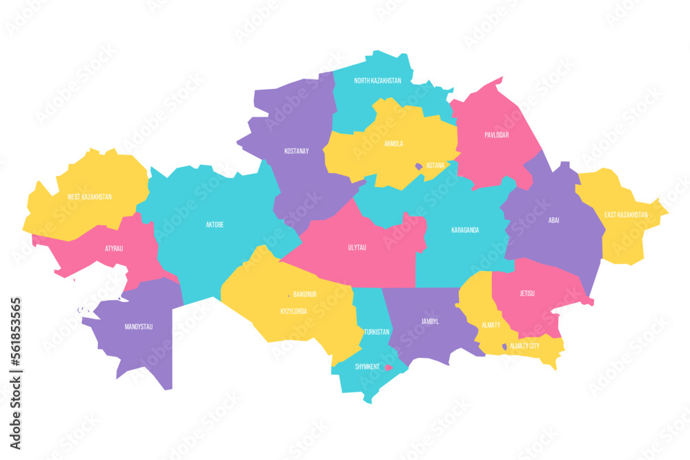 Fototapeta Kazakhstan political map of administrative divisions - regions and cities with region rights and city of republic significance Baikonur. Colorful vector map with labels.