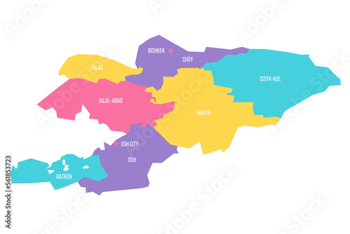 Kyrgyzstan political map of administrative divisions - regions and independent cities of Bishkek and Osh. Colorful vector map with labels.