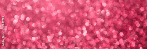 Viva magenta, pink sparkling glitter bokeh panoramic background banner, abstract defocused texture header. Holiday romantic lights