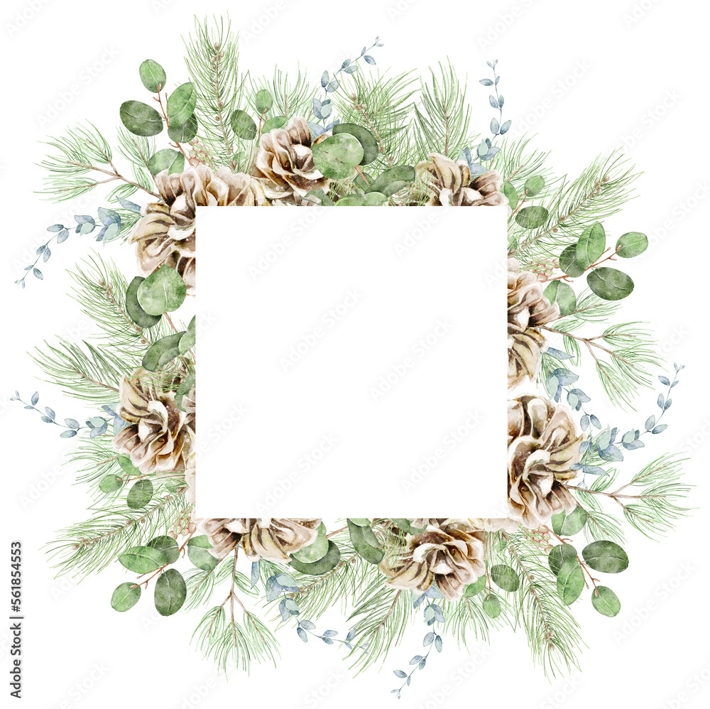Watercolor pine cone frame, winter wedding invitation decoration, eucalyptus clipart, botanical arrangement