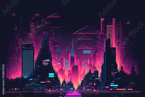 Neon pixel city night. Futuristic dark night neon cityscape with skyscrapers and night lights. AI