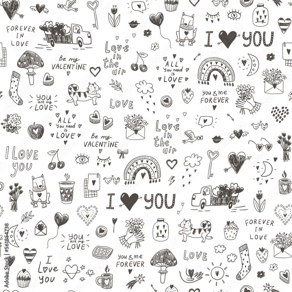 Valentine's day love doodle line objects vector seamless pattern.