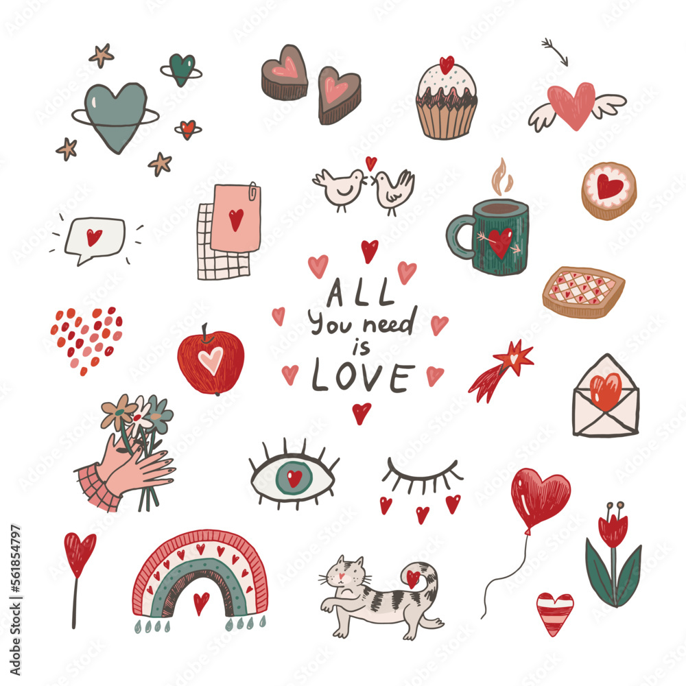 Valentine's day love doodle objects vector illustrations set. Valentine's day love doodle objects vector illustrations set.