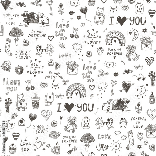 Valentine's day love doodle line objects vector seamless pattern.