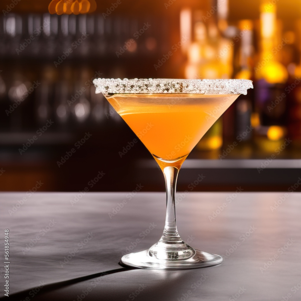 colorful cocktail in a glass standing on a bar