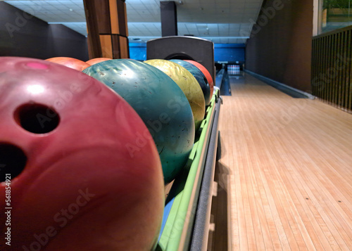 Bowling ball in front of the bowling alley. Close up view.
