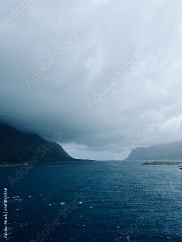 Fjords coastline, ocean bay coastline, cloudy foggy sky © Oksana